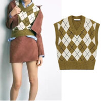 Áo Vest len Zara made in Morocco cổ chữ V họa tiết kim cương