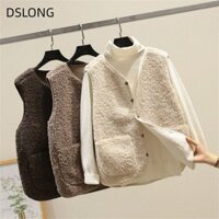 Áo vest lông cừu mùa đông DSLONG, Áo ghi lê nút dày ấm áp lông cừu, Áo khoác nữ kiểu ngắn giữ nhiệt màu trơn thời trang cho mùa xuân thu