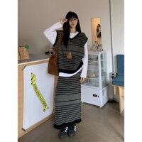Áo vest lười dài nửa thân đan len, bộ ba món cho phụ nữ, bộ váy dài mùa thu đông sọc retro, áo phông XTAY