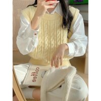 Áo vest màu vàng kem mềm mại cho phụ nữ, áo len dễ thương, phong cách mùa thu sang trọng, áo vest đan bện