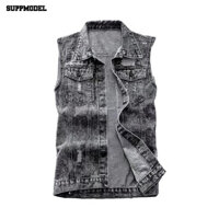 Áo Vest một ngực Áo khoác cổ áo không tay Áo khoác Denim sành điệu cho nam có lỗ rách và túi nắp Thời trang đường phố cao cấp cho Đông Nam Á