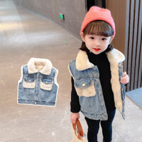 Áo vest nam nữ giả thỏ nhung siêu mềm len dày denim áo vest mùa thu đông quần áo trẻ em mới