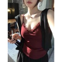 Áo vest ngắn màu đỏ, dây buộc ren, áo vest ấm màu đỏ cho phụ nữ, có đệm ngực, cổ chữ V, áo khoác mùa thu đông, áo khoác bên trong, phong cách Pháp đan
