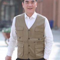 Áo vest nhiều túi cho nam, phong cách Hồng Kông, màu sắc đồng nhất retro, kích thước lớn, áo vest thể thao đa chức năng cho người trung niên và người cao tuổi