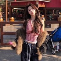 Áo vest nữ ca rô màu đỏ thời trang Hàn Quốc có Áo hai dây và ren cổ chữ V gợi cảm