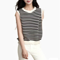 Áo vest nữ cổ tròn bằng lụa lạnh, áo mùa hè sọc thời trang, áo không tay, áo đan len