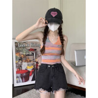 Áo Vest Nữ Dây Màu Tương Phản Sọc Hở Lưng Dây Đeo chéo Crop Top