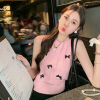 Áo vest nữ không tay cổ tròn, đan nơ, ngọt ngào, mới, nhỏ nhắn, ngọt ngào, ngắn với lông cừu, độc quyền của Zeng Xiaoxian. Tôi là chính mình XBUG MPJX