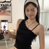 Áo Vest nữ màu đen nghiêng vai thiết kế đinh tán không đều Áo không tay