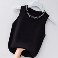 Áo vest nữ màu đen và trắng, dây đeo hạt, thời trang mới, áo khoác ngoài không tay bằng lụa băng