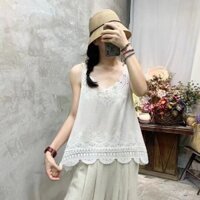 Áo vest nữ vintage mùa xuân 2023, áo vest cotton, áo khoác ngoài, áo camisole cơ bản, áo ren thêu cho phụ nữ