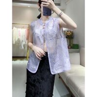 Áo vest organza màu tím cho phụ nữ mùa hè 2024, phong cách Trung Quốc mới, nhẹ, cổ đứng, không tay