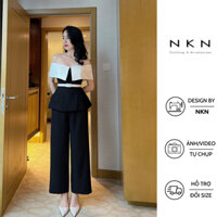 Áo vest trễ vai nữ NKN Lona, thiết kế trễ vai vạt trắng, dáng chiết eo kèm đai, chất liệu cao cấp