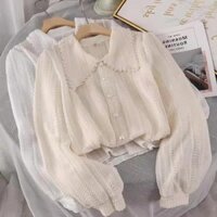Áo Voan Áo sơ mi nữ cổ búp bê khoét lỗ ren phong cách Hàn Quốc