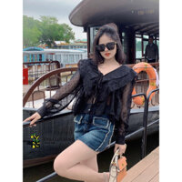 Áo voan chấm bi bánh bèo Form dưới 60kg vô tư  2 màu kem đen