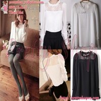Áo voan cổ tròn viền ren QA061 tay phồng nhúng tiểu thư
