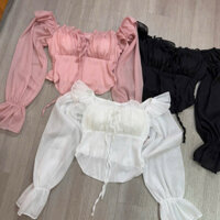 Áo Voan Cúp Ngực Cột Có Mút Tay Phồng Croptop