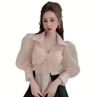 Áo voan kiếng croptop cột nơ thiết kế cao cấp (Thời trang Vicky G) HN55-008