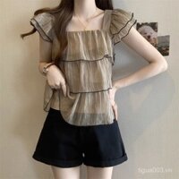Áo voan ngắn tay nhiều lớp áo búp bê cổ vuông viền bèo mẫu mới mùa hè cho nữ áo tay bay kiểu ngắn che bụng XHTK