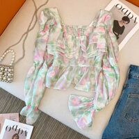 Áo Voan Tay Phồng Dài Cổ Vuông Họa Tiết Hoa Phong Cách Hàn Quốc baju baju wanita lengan panjang