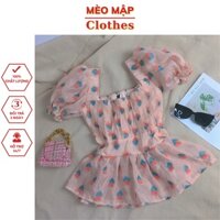 Áo voan tiểu thư tay phồng Bigsize cổ vuông họa tiết hoa thêu