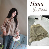 Áo Voan Tơ Bèo dáng babydoll Dài Tay Cổ Tròn Hai Lớp Kèm Hoa Màu Nâu Rêu Tone Dáng Điệu Đà Hàng New