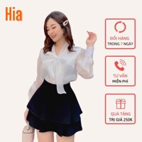 Áo voan tơ kiểu sơmi nữ cổ nơ tay phồng dáng công sở tiểu thư phong cách Hàn Quốc, Màu trắng - Hia Clothing