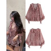 Áo Voan Viền Bèo Cổ Và Tay Nhiều Lớp Hoạ Tiết Trầm Mẫu Mới 2025