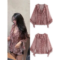 Áo Voan Viền Bèo Cổ Và Tay Nhiều Lớp Hoạ Tiết Trầm Mẫu Mới 2025