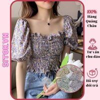 Áo von hoa chun ngực tay lỡ, áo kiểu nữ cổ vuông hàng Quảng Châu cao cấp