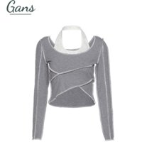 Áo xám dài tay cổ áo khâu thun hai mảnh giả