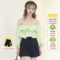 Áo xốp bèo croptop trễ vai - GREENY CROPTOP dáng Hàn hai tầng xanh bơ sanh chảnh HM008