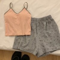 Áo yếm co giãn thoáng khí mùa hè có đệm ngực Bộ đồ ngủ mặc nhà quần short mặt cười dành cho nữ