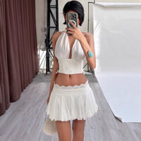 ÁO YẾM DÂY BUỘC VÁY XẾP LY CHỮ A THIẾT KẾ MÙA HÈ CHO NỮ