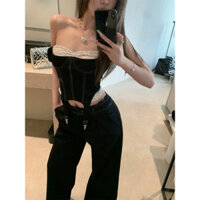 Áo Yếm Denim Phối Ren Quyến Rũ Gợi Cảm Áo Croptop Nữ Mùa Hè Áo yếm Denim ren Áo hai dây croptop vạt treo Áo croptop yếm