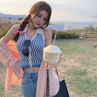 Áo Yếm Dệt Kim Cổ Chữ V Kẻ Sọc Màu Tương Phản Kiểu Dáng Quyến Rũ Cho NữCrop Tops