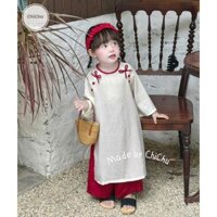 [ÁODÀI 2025] Sét áo dài Bé Gái CHICHU Nhung Đỏ Đô Thêu Cô Gái - Áo dài Cách Tân Kèm Bờm Nhún - áo dài cho bé yêu CHI CHU