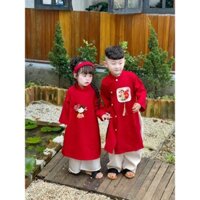 [ÁODÀI 2025] Sét áo dài Bé Gái CHICHU Nhung Đỏ Đô Thêu Cô Gái - Áo dài Cách Tân Kèm Bờm Nhún - áo dài cho bé yêu CHI CHU