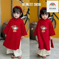 [ÁODÀI 2025] Sét áo dài Bé Gái CHICHU Nhung Đỏ Đô Thêu Cô Gái - Áo dài Cách Tân Kèm Bờm Nhún - áo dài cho bé yêu CHI CHU