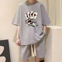 Aokong Mới Nam Bộ Mỹ Retro Đường Phố Sang Trọng Thường Ngày Poker Đầu Lâu Áo Thun Thể Thao Thanh Niên Thời Trang Quần
