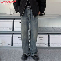 Aokong Nhật Bản đơn giản họa tiết tre đau khổ bootcut jeans 2024 cặp đôi phong cách xe máy dáng ôm vừa vặn và quần đa năng