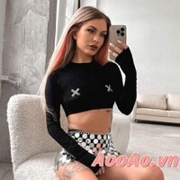 Aooao-áo Croptop Tay Dài Cổ Tròn Đính Đá Cho Nữ