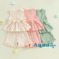 Aqua-2-bộ mùa hè cho bé gái Áo Vest cổ tròn nơ màu trơn + Quần short xếp nếp eo co giãn