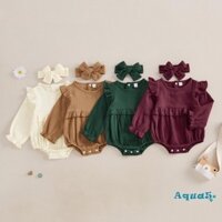 Aqua-baby Girl 2 Bộ Trang Phục Mùa Thu Tay Dài Màu Trơn Ruffle Romper Có Băng Đô Bộ Quần Áo Trẻ Sơ Sinh