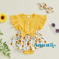 Aqua-baby Girl Trang Phục Mùa Hè Hoa Hướng Dương Bướm In Xù Tay Bay Cổ Phi Hành Đoàn Áo Liền Quần Đầm Và Nơ Đầu Bộ 2 Chiếc