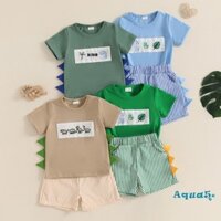 Aqua-boys Bộ đồ mùa hè thêu khủng long cổ tròn tay ngắn + Quần Short sọc