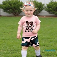 Aqua-girls Mùa Hè 2 Món Trang Phục Tay Ngắn Cổ Chữ O Nơ In Áo Ngụy Trang Quần Short Bộ