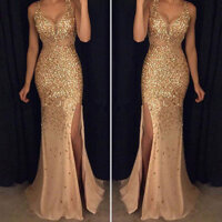 Are _ Sâu Cổ Chữ V Không Tay Eo Chặt Hông Quấn Bodycon Đầm Nữ Chia Đuôi Cá Viền Kim Sa Lấp Lánh Tiệc Tối Đầm Maxi Quần Áo Cưới