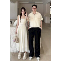 ❣️Set đồ đôi -Áo váy cặp đôi màu trắng kem váy nữ dây bảng to móc cài sang chảnh 👫