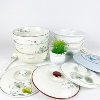 Âu Cơm Thố Sứ Có Nắp Đựng Cơm Men Kem Hoạ Tiết